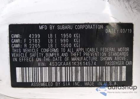 2019 Subaru Impreza 2.0I z USA, uszkodzony, nr VIN 4S3GKAA61K3614574